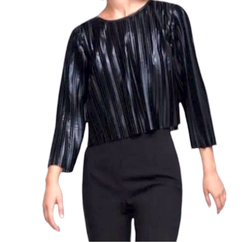 Zara Black Pleated Shirt Blouse Shimmery S Long Puff Sleeve Feminine Glam Party